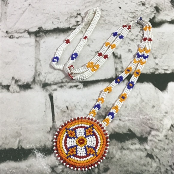 Handmade Jewelry - Beaded Necklace Long Drop Handmade Southwest Themed Round Beaded Pendant VTG